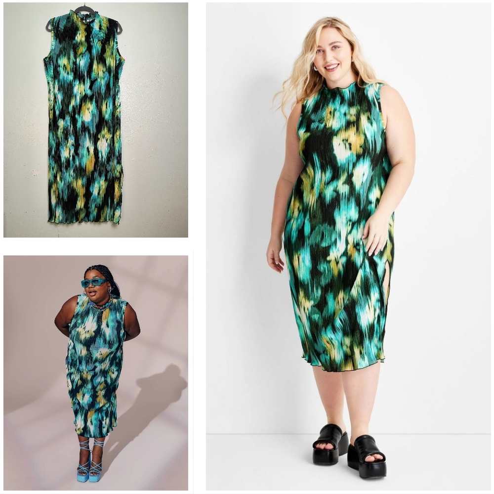 Future Collective XL 1X Watercolor Black Midi Dress Sleeveless Plisse Side Slit